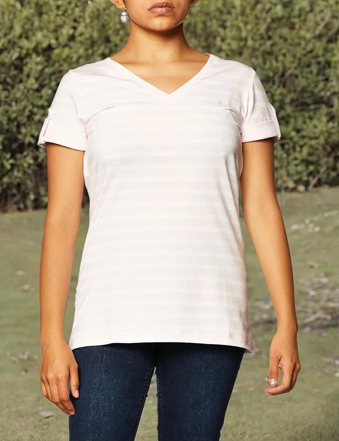 Nautica Women's Easy Comfort V-Neck Striped Supersoft Stretch Cotton T-Shirt