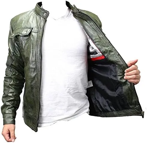New Mens Genuine Sheep Skin Leather Fashion Jacket Green 2 buttoned chest Pocket (XL)