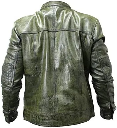 New Mens Genuine Sheep Skin Leather Fashion Jacket Green 2 buttoned chest Pocket (XL)