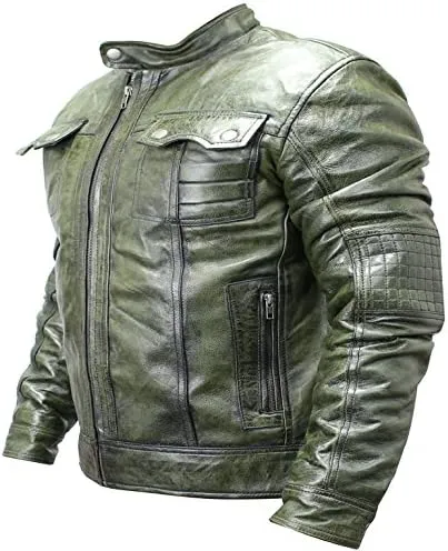 New Mens Genuine Sheep Skin Leather Fashion Jacket Green 2 buttoned chest Pocket (XL)