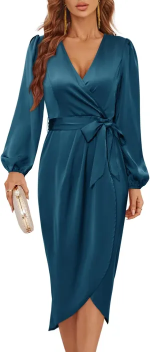 Newshows Women's 2023 Satin Short/Long Sleeve Cocktail Midi Dress Belted Ruched Slit Formal Wedding Guest Dresses
