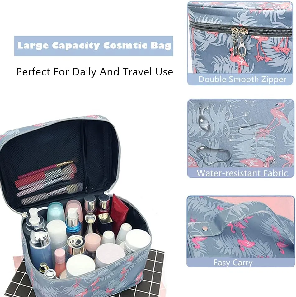 NuAngela Travel Makeup Bag, Large Toiletry Bags For Women and Girls, Zipper Cosmetic Case Make Up Brush Pounch, Water Proof Cosmetics Accessories Organizer (Gray Flamingo)