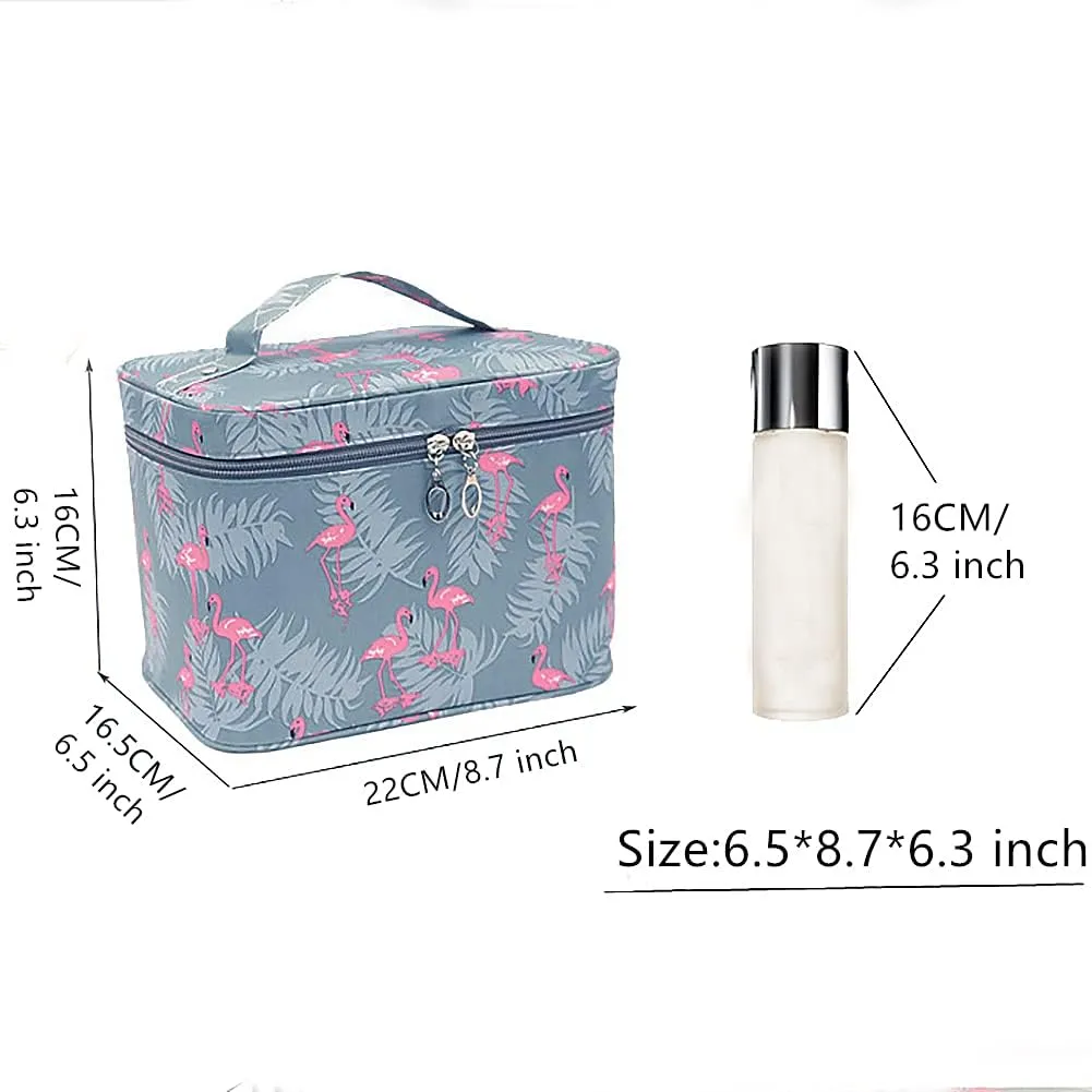 NuAngela Travel Makeup Bag, Large Toiletry Bags For Women and Girls, Zipper Cosmetic Case Make Up Brush Pounch, Water Proof Cosmetics Accessories Organizer (Gray Flamingo)