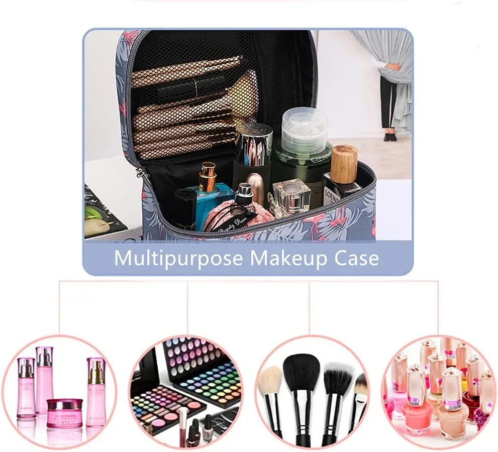 NuAngela Travel Makeup Bag, Large Toiletry Bags For Women and Girls, Zipper Cosmetic Case Make Up Brush Pounch, Water Proof Cosmetics Accessories Organizer (Gray Flamingo)