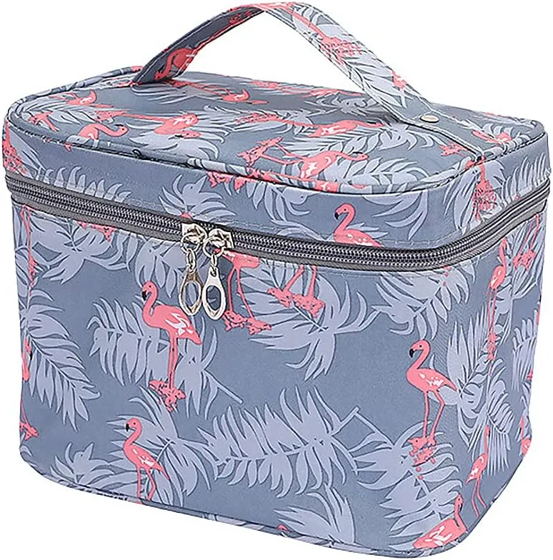 NuAngela Travel Makeup Bag, Large Toiletry Bags For Women and Girls, Zipper Cosmetic Case Make Up Brush Pounch, Water Proof Cosmetics Accessories Organizer (Gray Flamingo)