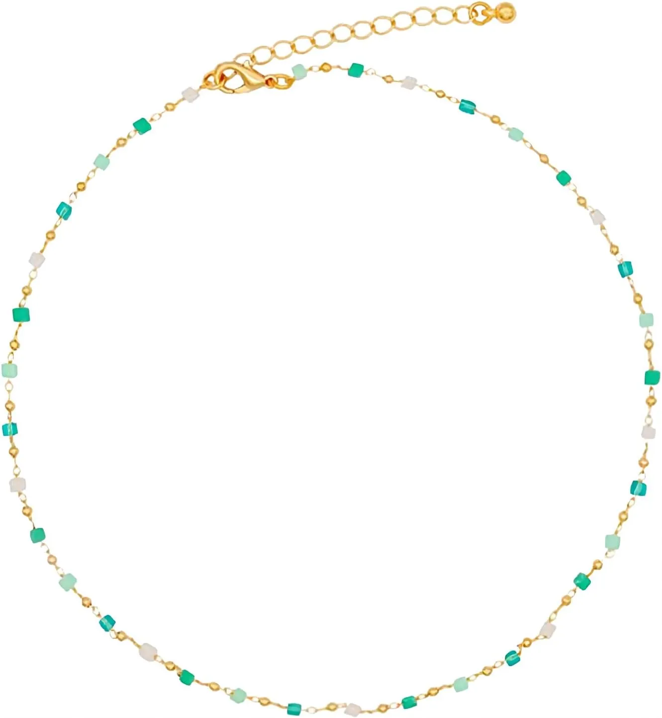 Nzztont Green Beaded Necklace Bohemia Beads Choker Necklace for Women Simple Green Beaded Square Round Necklace for Women