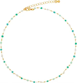 Nzztont Green Beaded Necklace Bohemia Beads Choker Necklace for Women Simple Green Beaded Square Round Necklace for Women