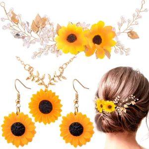 OIIKI Sunflower Bridal Accessories Kit, Wedding Sunflower Headband, Bridal Sunflower Necklace Earrings, Flower Crystal Hair Vine Decorative Clips for Women, Parties
