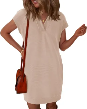 Okiwam Women's Spring Summer Dresses 2025 Casual Short Sleeve V-Neck T-Shirt Mini Vacation Sun Dresses with Pockets