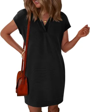 Okiwam Women's Spring Summer Dresses 2025 Casual Short Sleeve V-Neck T-Shirt Mini Vacation Sun Dresses with Pockets