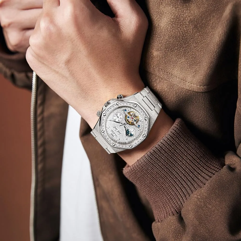 OLEVS Automatic Mens Watches Self Winding Mechanical Business Diamond Luxury Dress Stainless Steel Waterproof Luminous Wrist Watch