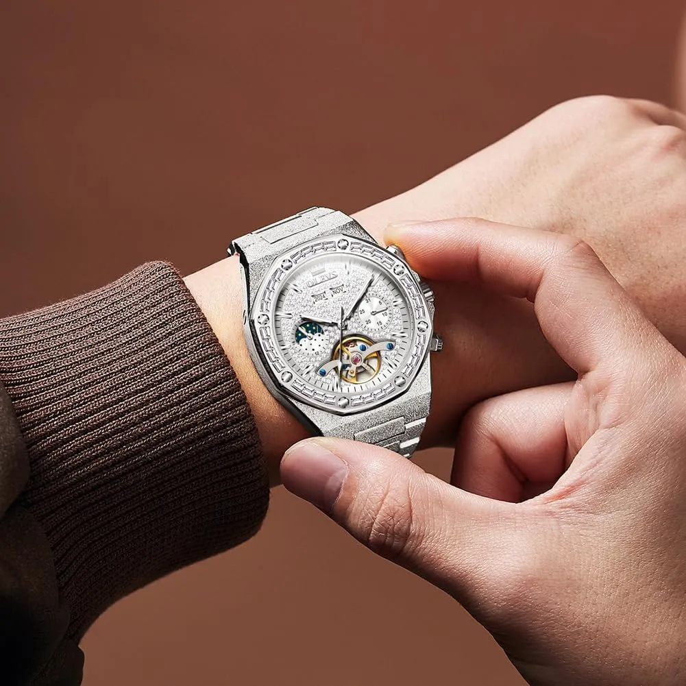 OLEVS Automatic Mens Watches Self Winding Mechanical Business Diamond Luxury Dress Stainless Steel Waterproof Luminous Wrist Watch