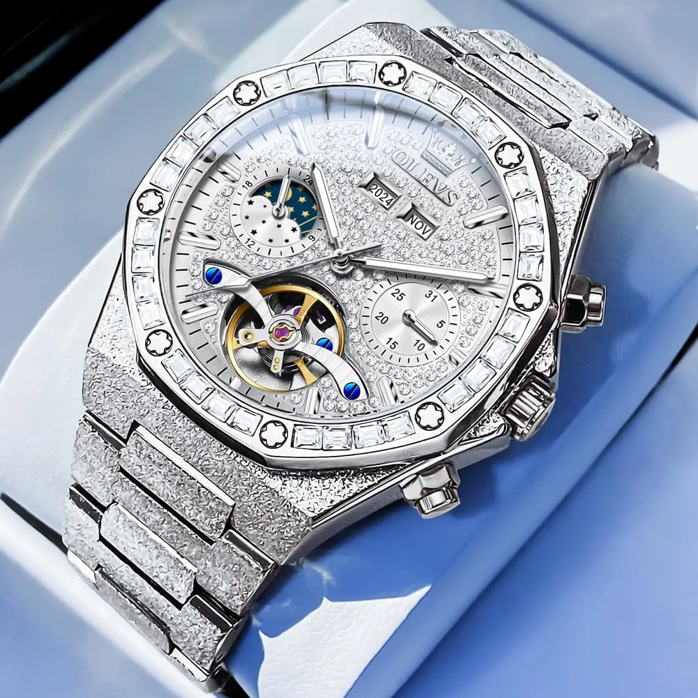 OLEVS Automatic Mens Watches Self Winding Mechanical Business Diamond Luxury Dress Stainless Steel Waterproof Luminous Wrist Watch