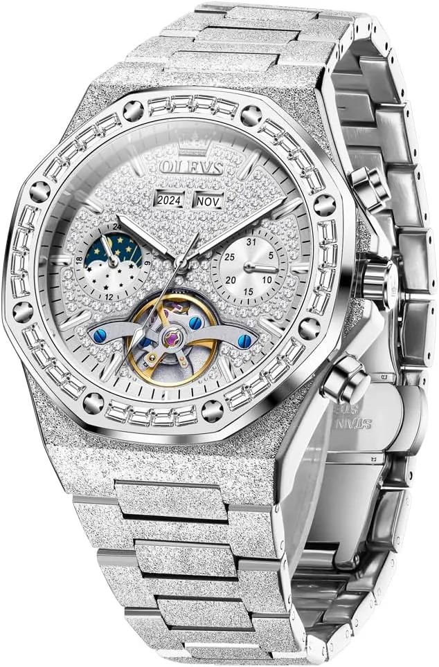 OLEVS Automatic Mens Watches Self Winding Mechanical Business Diamond Luxury Dress Stainless Steel Waterproof Luminous Wrist Watch