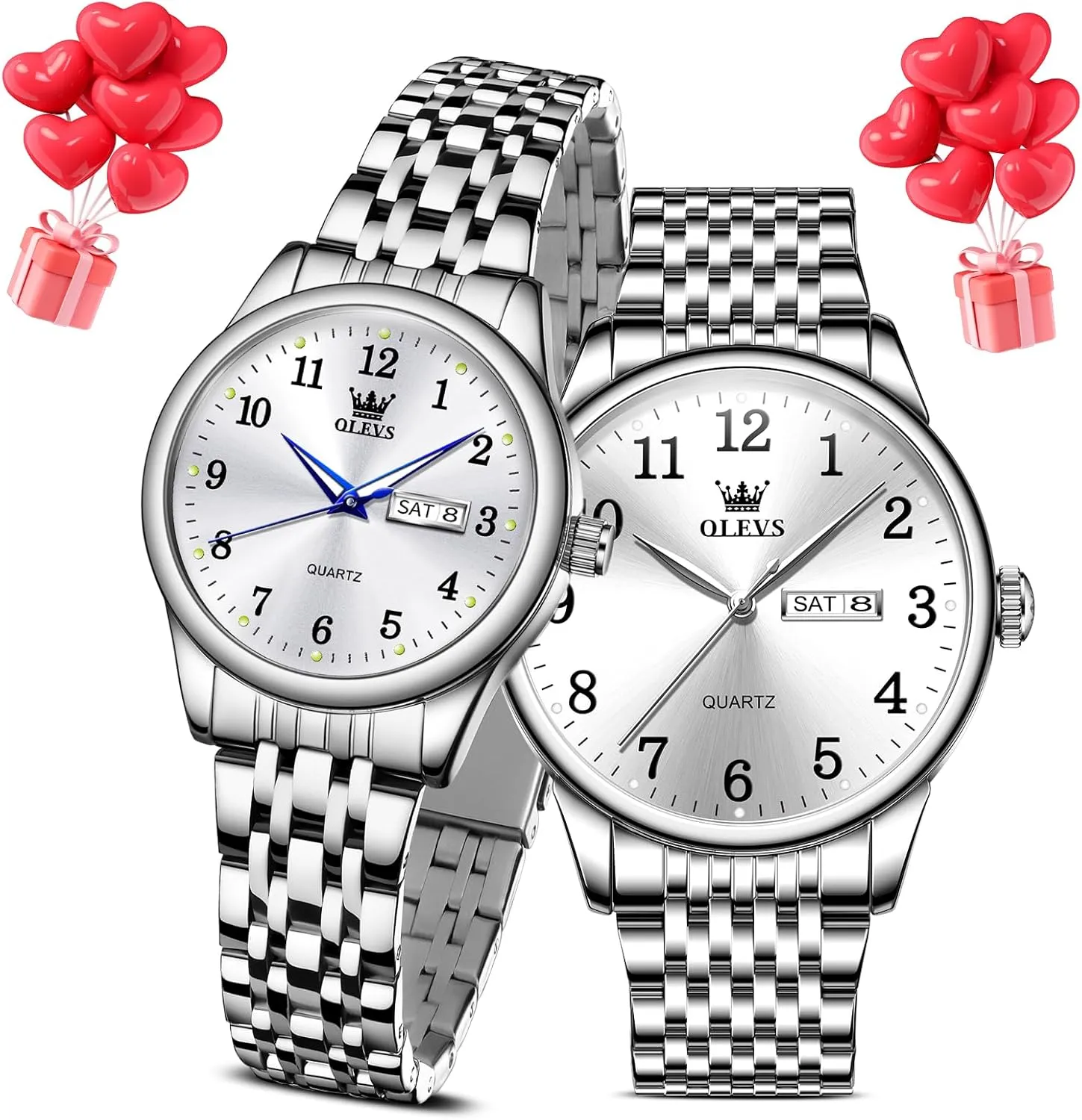 OLEVS Matching His and Her Watches, His and Hers Watches Set, Couple Watches Men and Women, Couples Watch, 3ATM Waterproof Dress Quartz Stainless Steel Date Day Wrist Watch for Men and Women