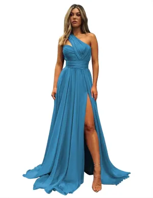 One Shoulder Bridesmaid Dresses for Wedding with Pockets Long Side Split Chiffon Formal Prom Evening Dress