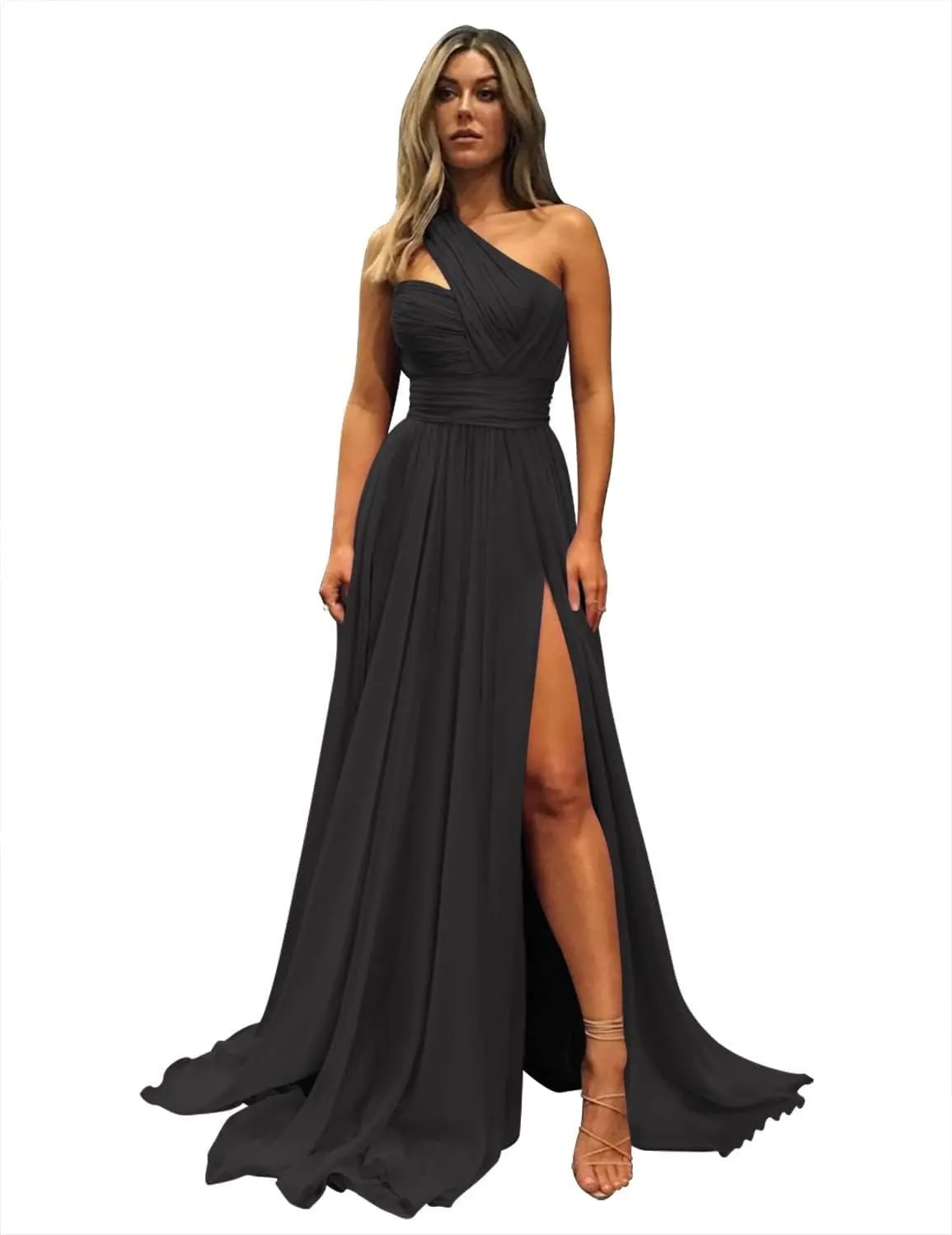 One Shoulder Bridesmaid Dresses for Wedding with Pockets Long Side Split Chiffon Formal Prom Evening Dress