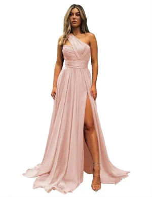 One Shoulder Bridesmaid Dresses for Wedding with Pockets Long Side Split Chiffon Formal Prom Evening Dress