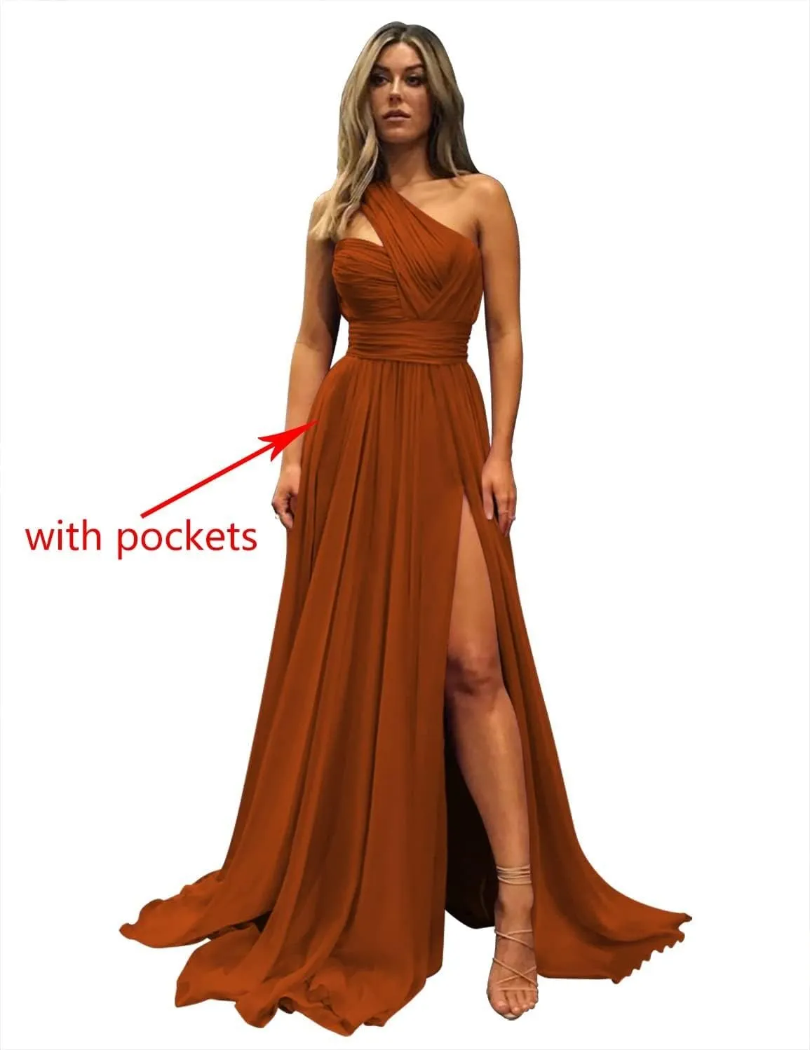 One Shoulder Bridesmaid Dresses for Wedding with Pockets Long Side Split Chiffon Formal Prom Evening Dress