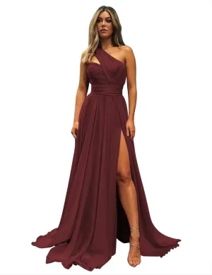 One Shoulder Bridesmaid Dresses for Wedding with Pockets Long Side Split Chiffon Formal Prom Evening Dress