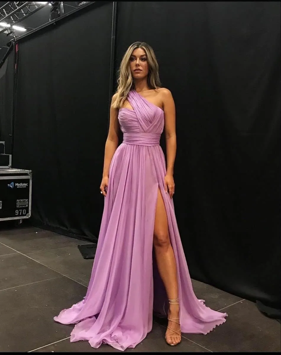 One Shoulder Bridesmaid Dresses for Wedding with Pockets Long Side Split Chiffon Formal Prom Evening Dress