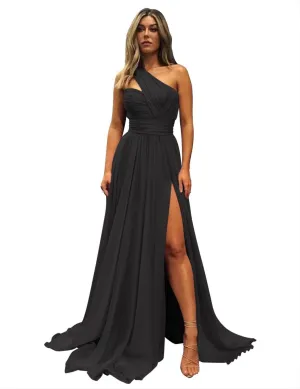 One Shoulder Bridesmaid Dresses for Wedding with Pockets Long Side Split Chiffon Formal Prom Evening Dress