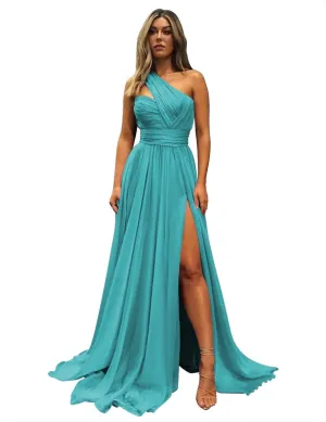 One Shoulder Bridesmaid Dresses for Wedding with Pockets Long Side Split Chiffon Formal Prom Evening Dress
