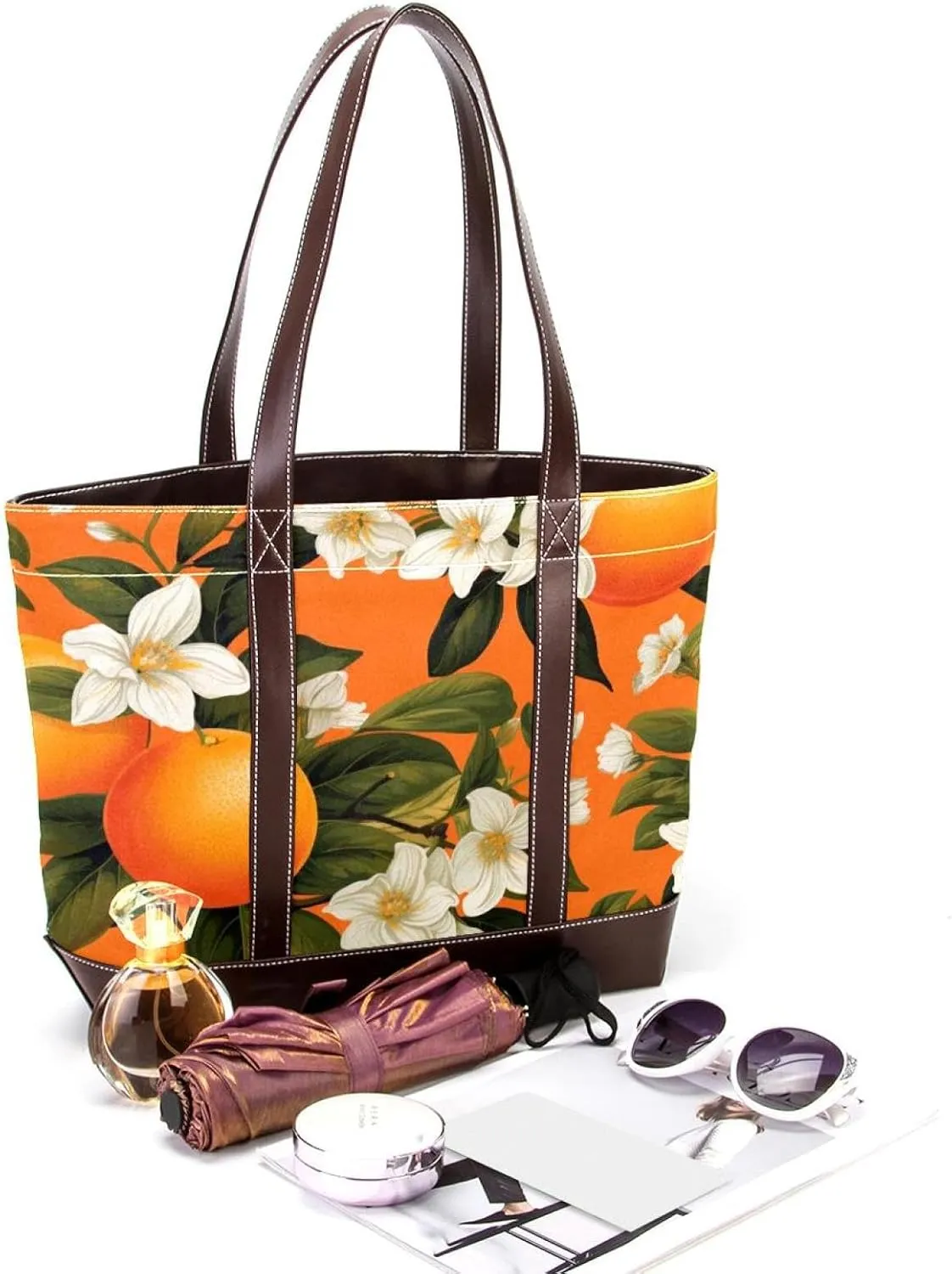 Oranges and Flowers-1783 Tote Bags Durable Leather Canvas Purses and Handbags for Women Top Handle Shoulder Satchel Hobo Bags