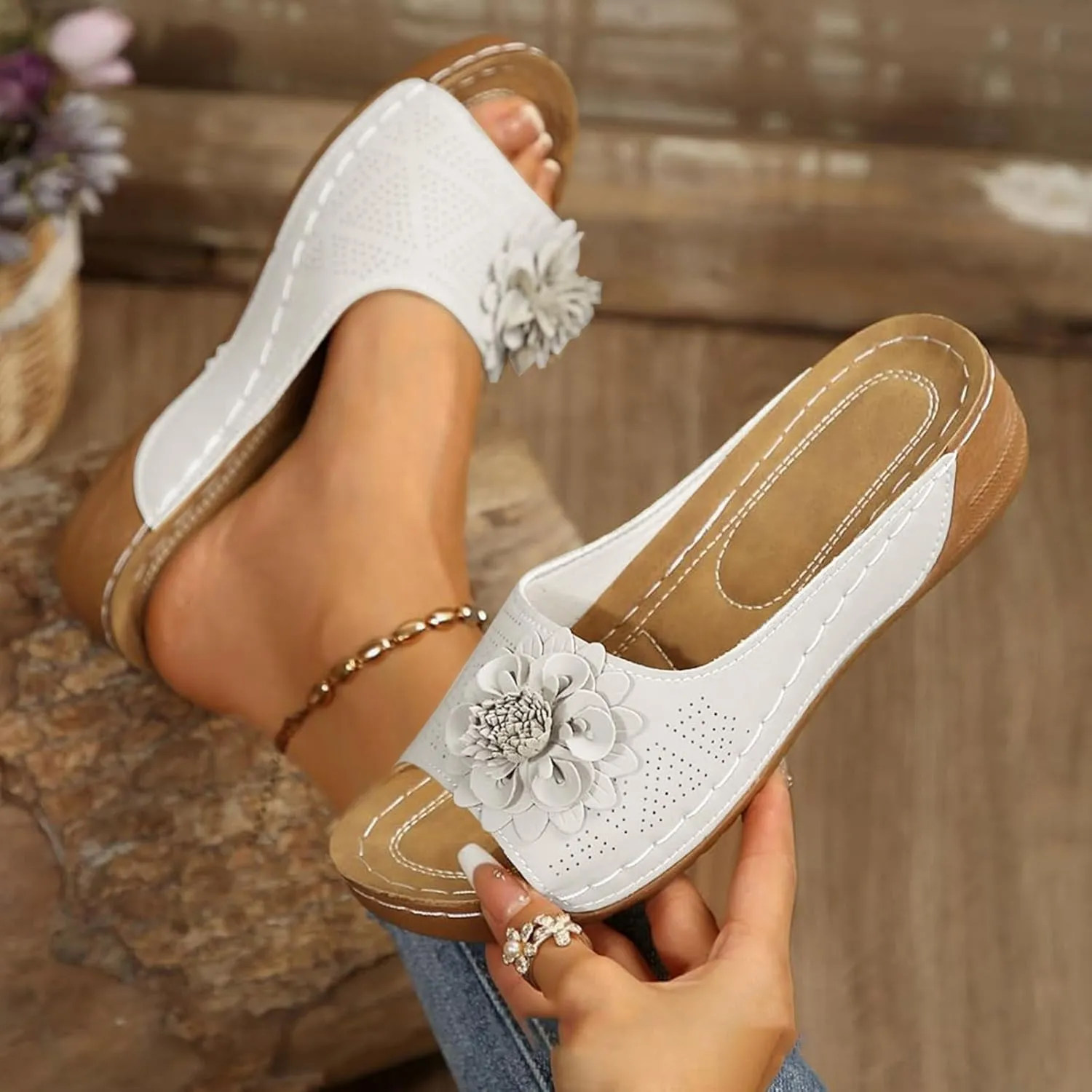 Orthopedic Sandals for Women Chic Flowers Summer Beach Sandals Casual Fish Mouth Open Toe Slippers Dressy Platform Slides Comfy Leather Mesh Sandal Travel Vacation Shoes
