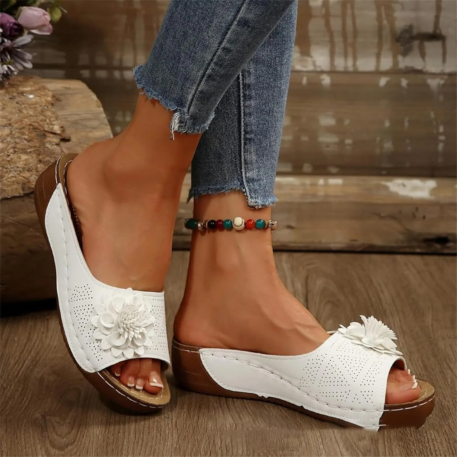 Orthopedic Sandals for Women Chic Flowers Summer Beach Sandals Casual Fish Mouth Open Toe Slippers Dressy Platform Slides Comfy Leather Mesh Sandal Travel Vacation Shoes
