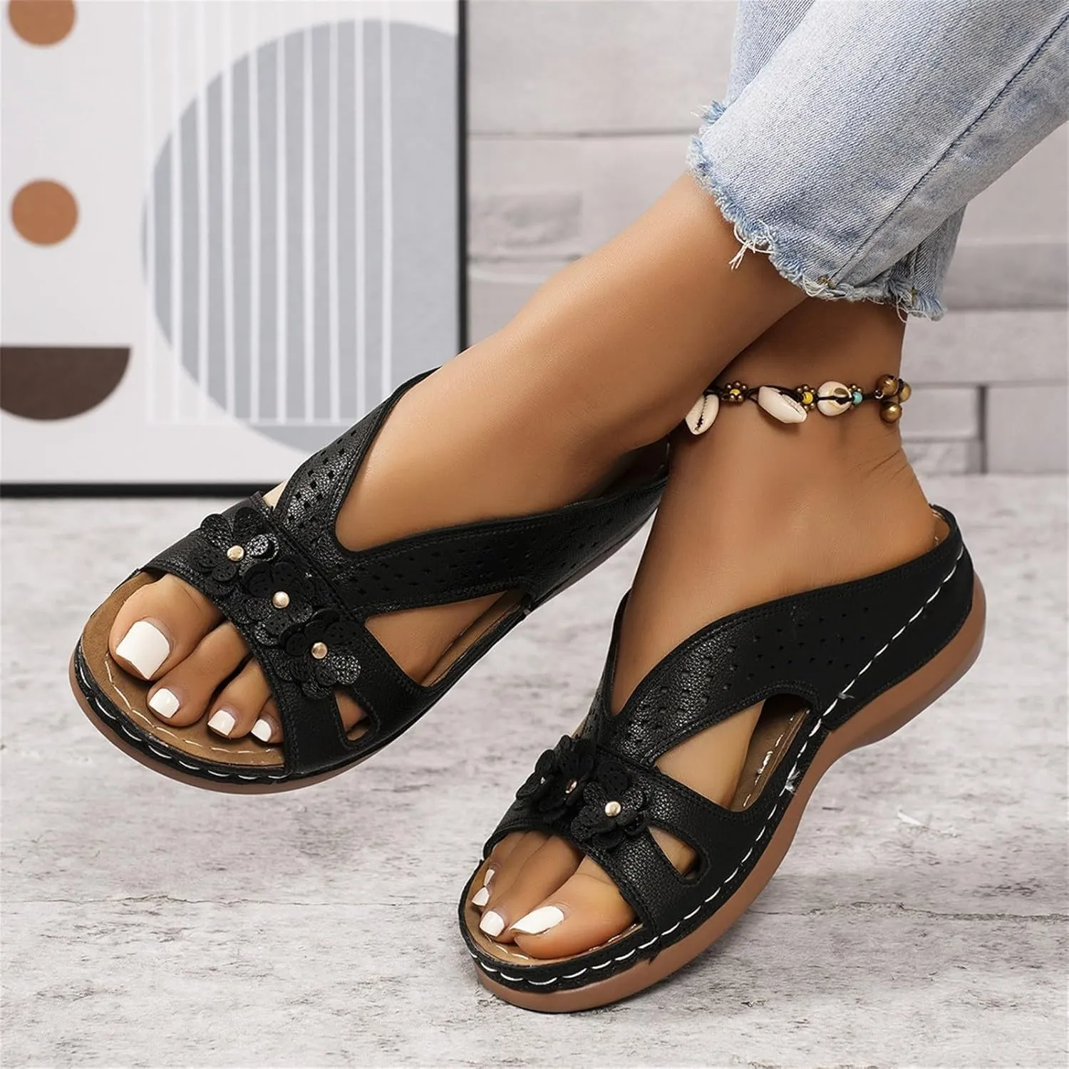 Orthopedic Wedge Sandals for Women 2025,Memory Foam Comfortable Slides Slip On Sandals Dressy Summer Beach Lightweight Platform Shoes Orthopedic Open Toe Arch Support Slippers(Black)