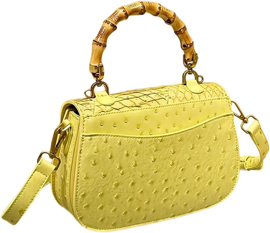 Ostrich Leather Purse Women Bag Real Bamboo Top-Handle Satchel Handbags Portable Saddle Bag Small Shoulder Messenger Bag