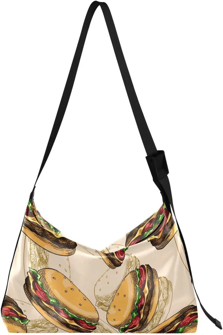 Pattern Of Burger Hobo Crossbody Bags for Women Leather Large Shoulder Bag Cross Body Fast Food Trendy Womens Tote Bags Handbag for Travel Shopping