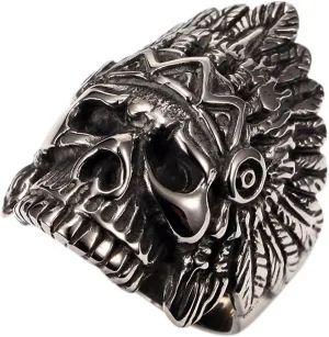 PAURO Cool Feather Dayak Indian Headdress Punk Skull Stainless Steel Mens Ring