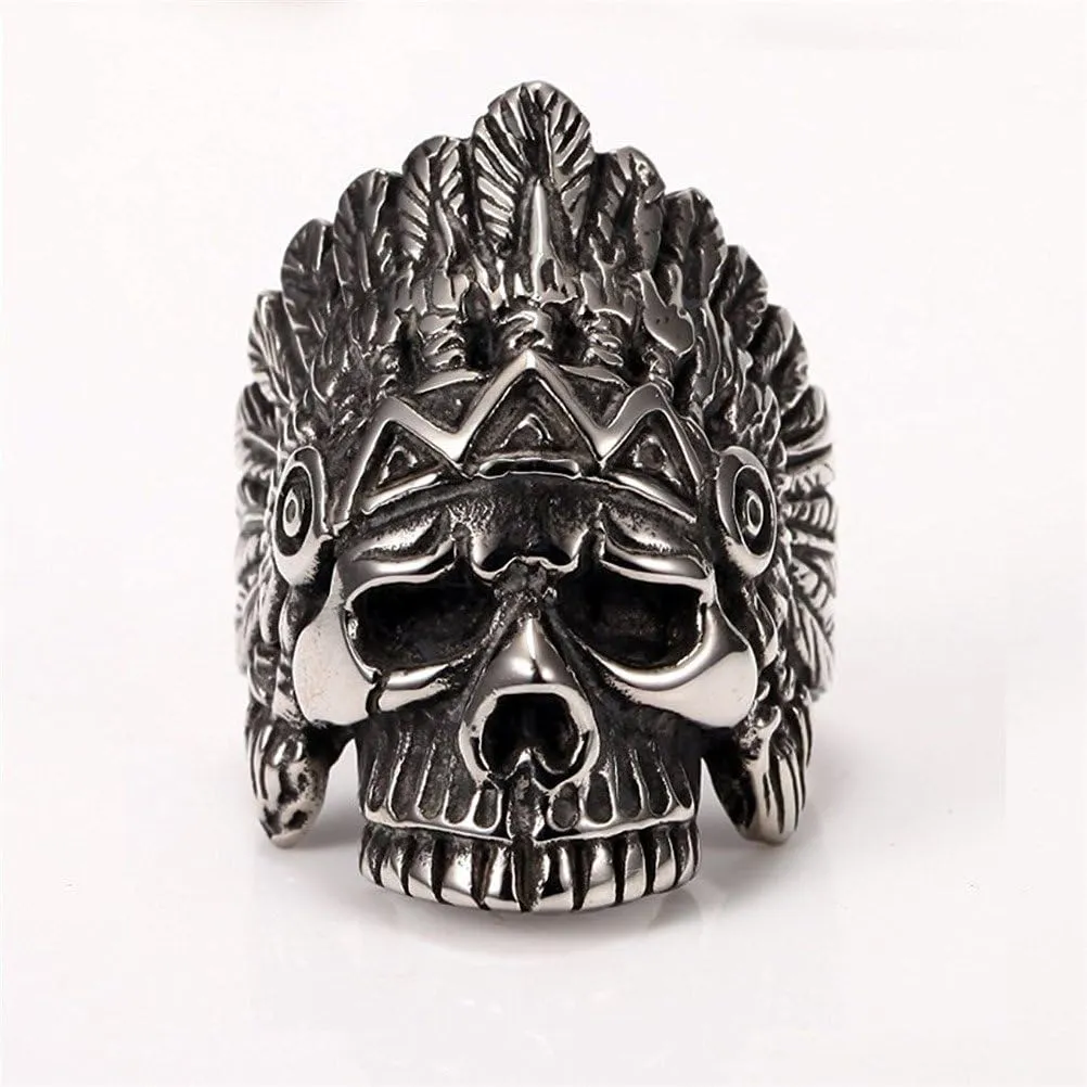 PAURO Cool Feather Dayak Indian Headdress Punk Skull Stainless Steel Mens Ring