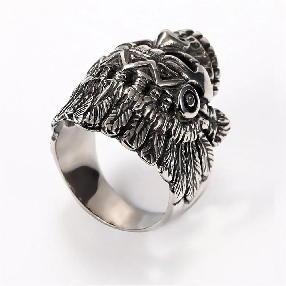 PAURO Cool Feather Dayak Indian Headdress Punk Skull Stainless Steel Mens Ring