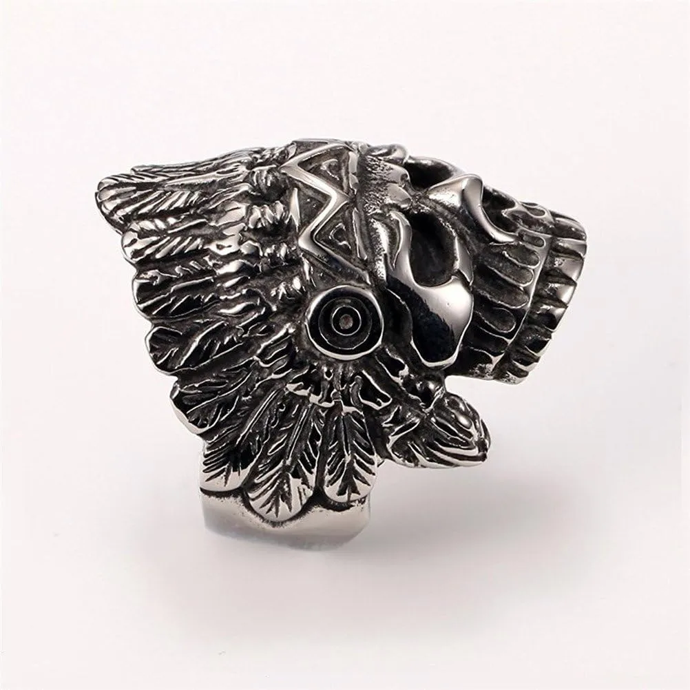 PAURO Cool Feather Dayak Indian Headdress Punk Skull Stainless Steel Mens Ring