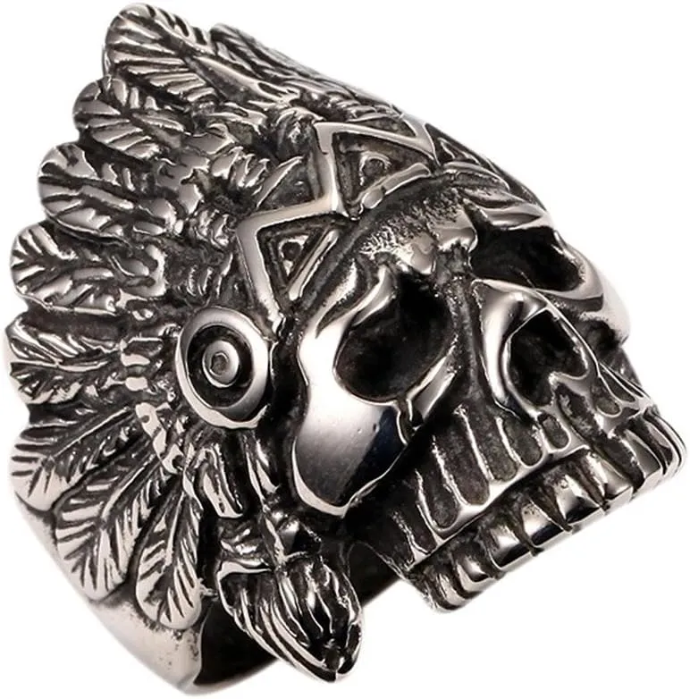 PAURO Cool Feather Dayak Indian Headdress Punk Skull Stainless Steel Mens Ring