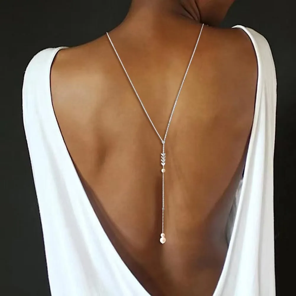 Pearls Back Chain Necklace Bridal Wedding Backdrop Necklace Body Jewelry for Women Backless Dresses Body Chain