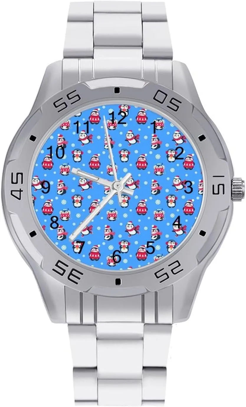 Penguins Christmas Stainless Steel Metal Strap Simple Business Watches for Men Easy Reader Work Casual Watch