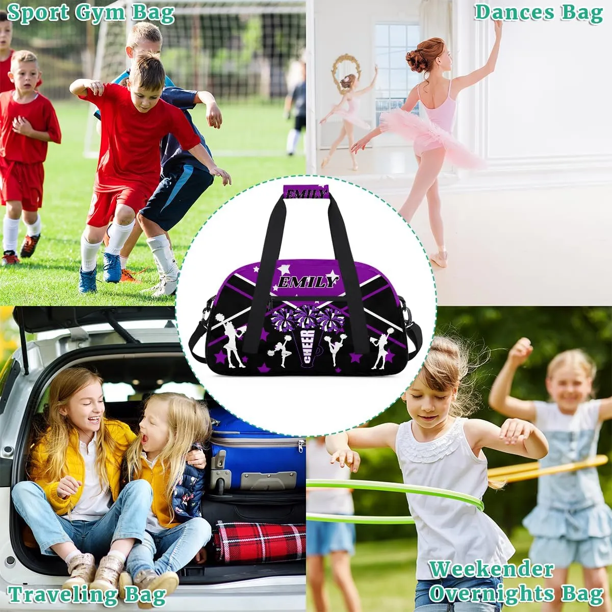 Personalize Cheer Duffel Bags with Custom Name & Text Sport Dance Gym Bags Garment Bags for Girls Kids Cheerleaders Overnight Weekender Travel Purple Black Star 2