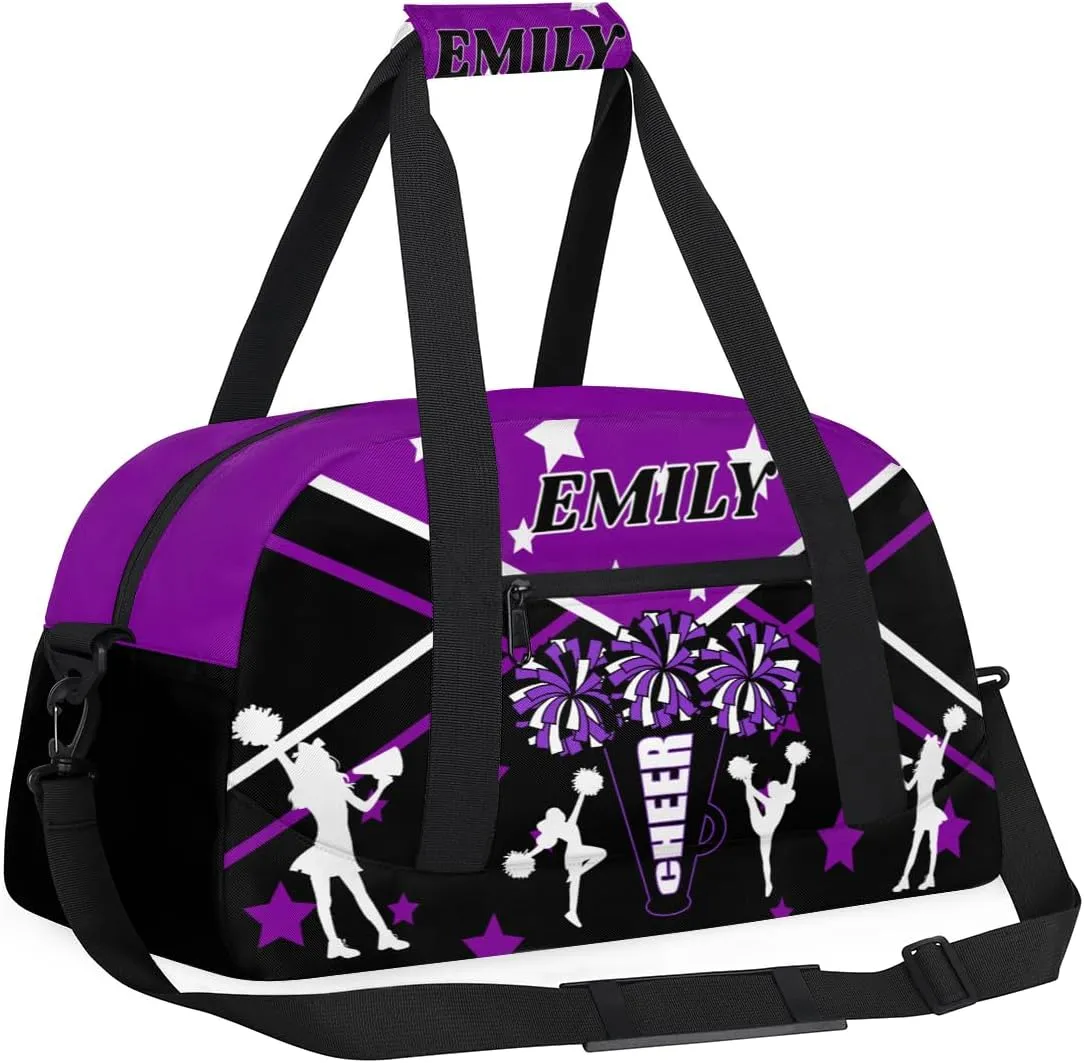 Personalize Cheer Duffel Bags with Custom Name & Text Sport Dance Gym Bags Garment Bags for Girls Kids Cheerleaders Overnight Weekender Travel Purple Black Star 2