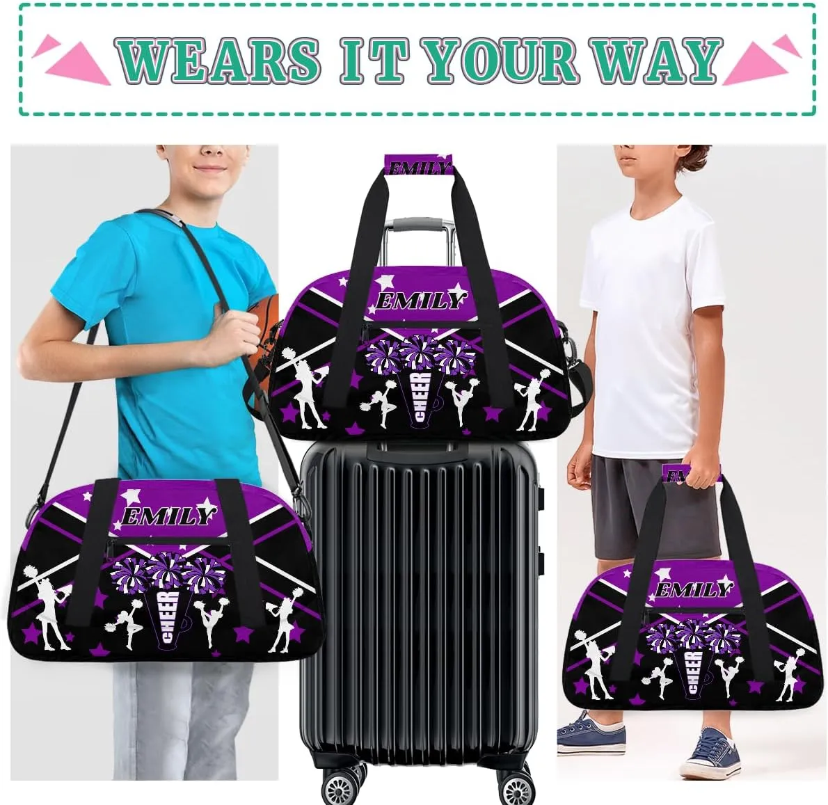 Personalize Cheer Duffel Bags with Custom Name & Text Sport Dance Gym Bags Garment Bags for Girls Kids Cheerleaders Overnight Weekender Travel Purple Black Star 2