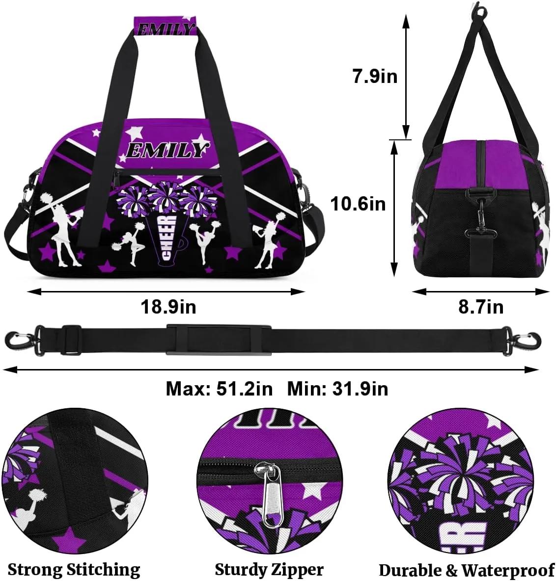 Personalize Cheer Duffel Bags with Custom Name & Text Sport Dance Gym Bags Garment Bags for Girls Kids Cheerleaders Overnight Weekender Travel Purple Black Star 2