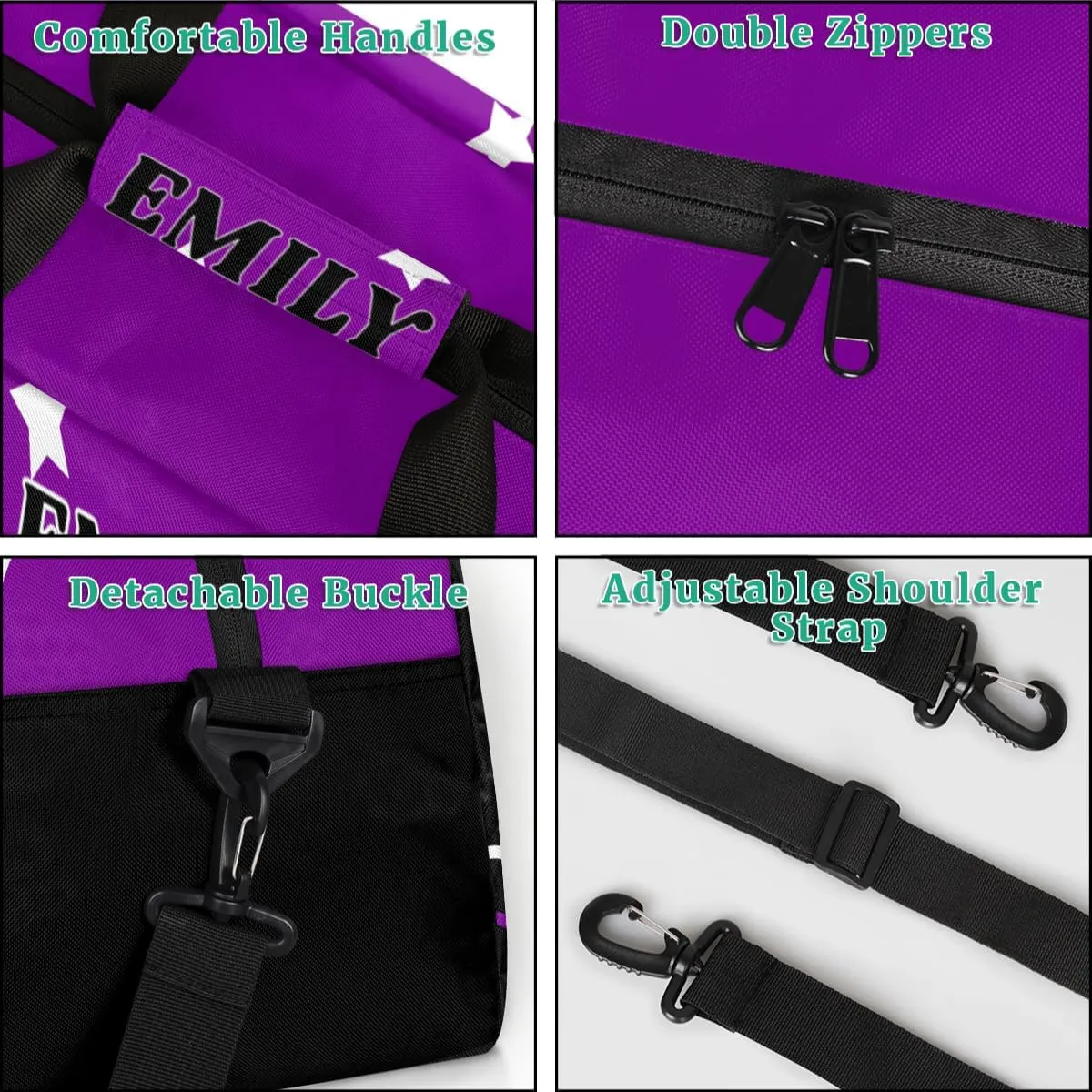 Personalize Cheer Duffel Bags with Custom Name & Text Sport Dance Gym Bags Garment Bags for Girls Kids Cheerleaders Overnight Weekender Travel Purple Black Star 2