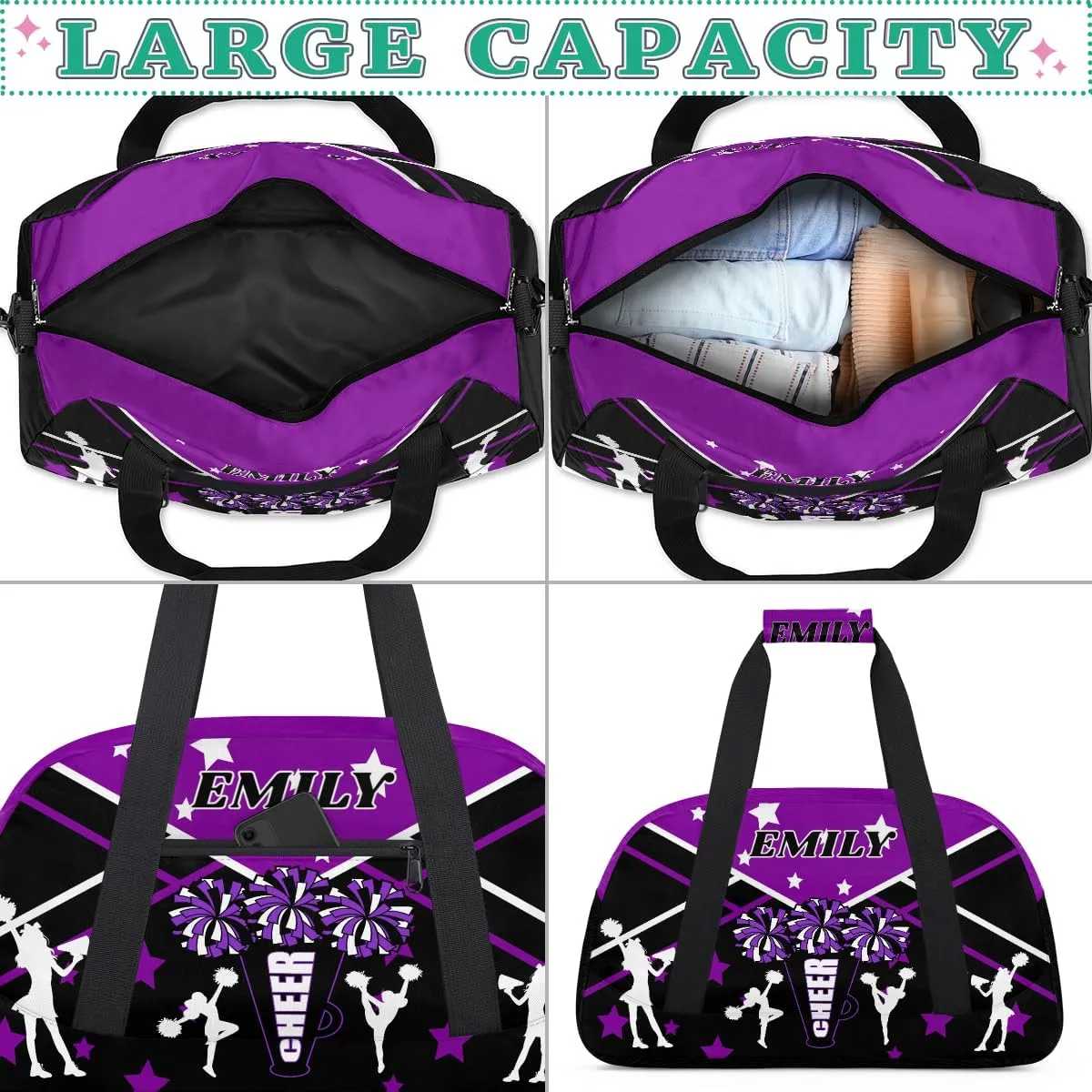 Personalize Cheer Duffel Bags with Custom Name & Text Sport Dance Gym Bags Garment Bags for Girls Kids Cheerleaders Overnight Weekender Travel Purple Black Star 2