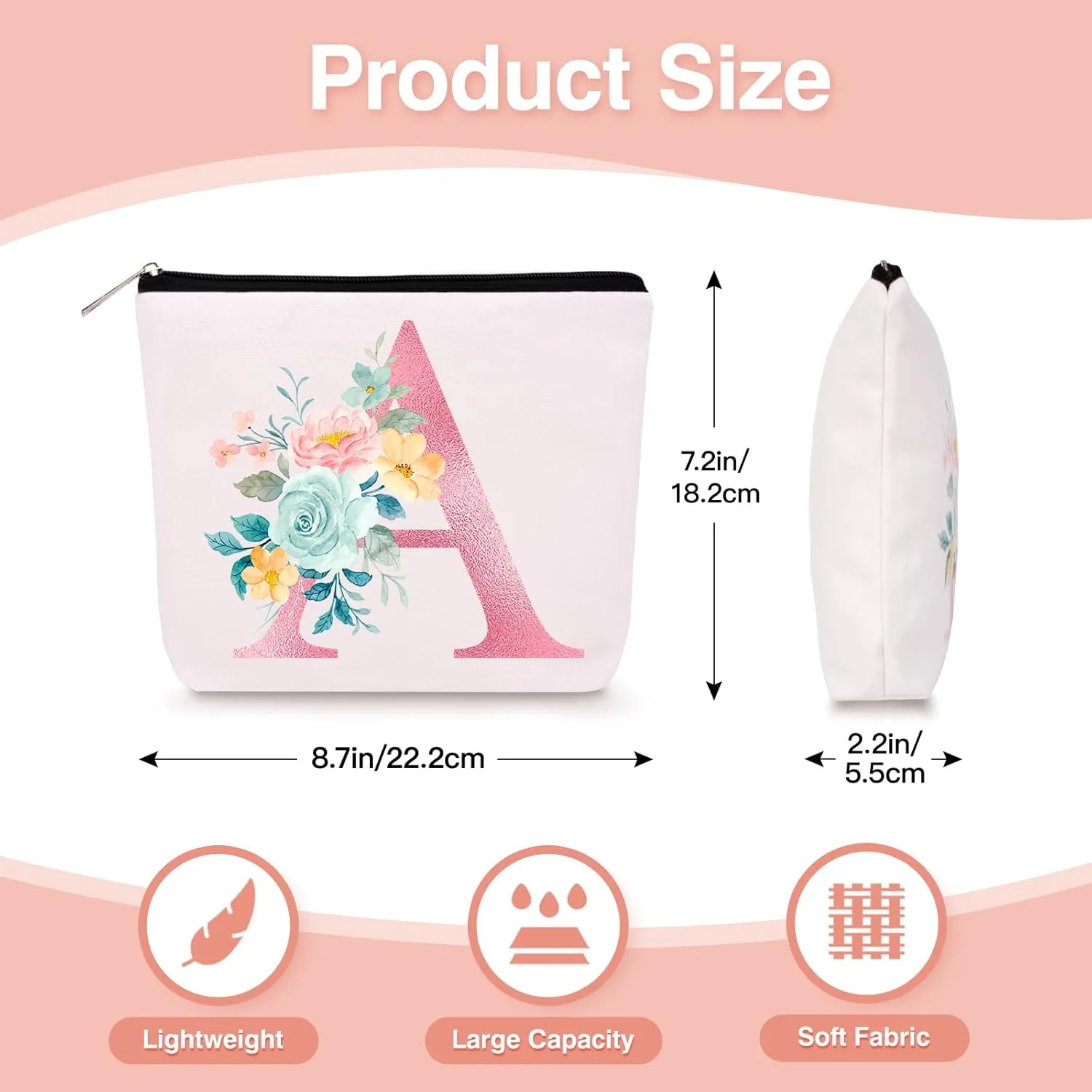 Personalized Makeup Bag with Initial Keychain, Custom Initial Monogram Small Travel Cosmetic Toiletry Bag, Birthday Gifts for Women Bridesmaid Teacher (A)