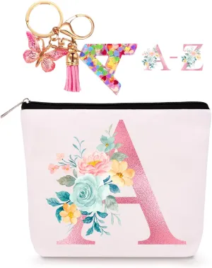 Personalized Makeup Bag with Initial Keychain, Custom Initial Monogram Small Travel Cosmetic Toiletry Bag, Birthday Gifts for Women Bridesmaid Teacher (A)