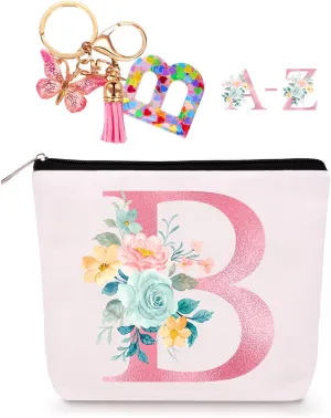 Personalized Makeup Bag with Initial Keychain, Custom Initial Monogram Small Travel Cosmetic Toiletry Bag, Birthday Gifts for Women Bridesmaid Teacher (B)