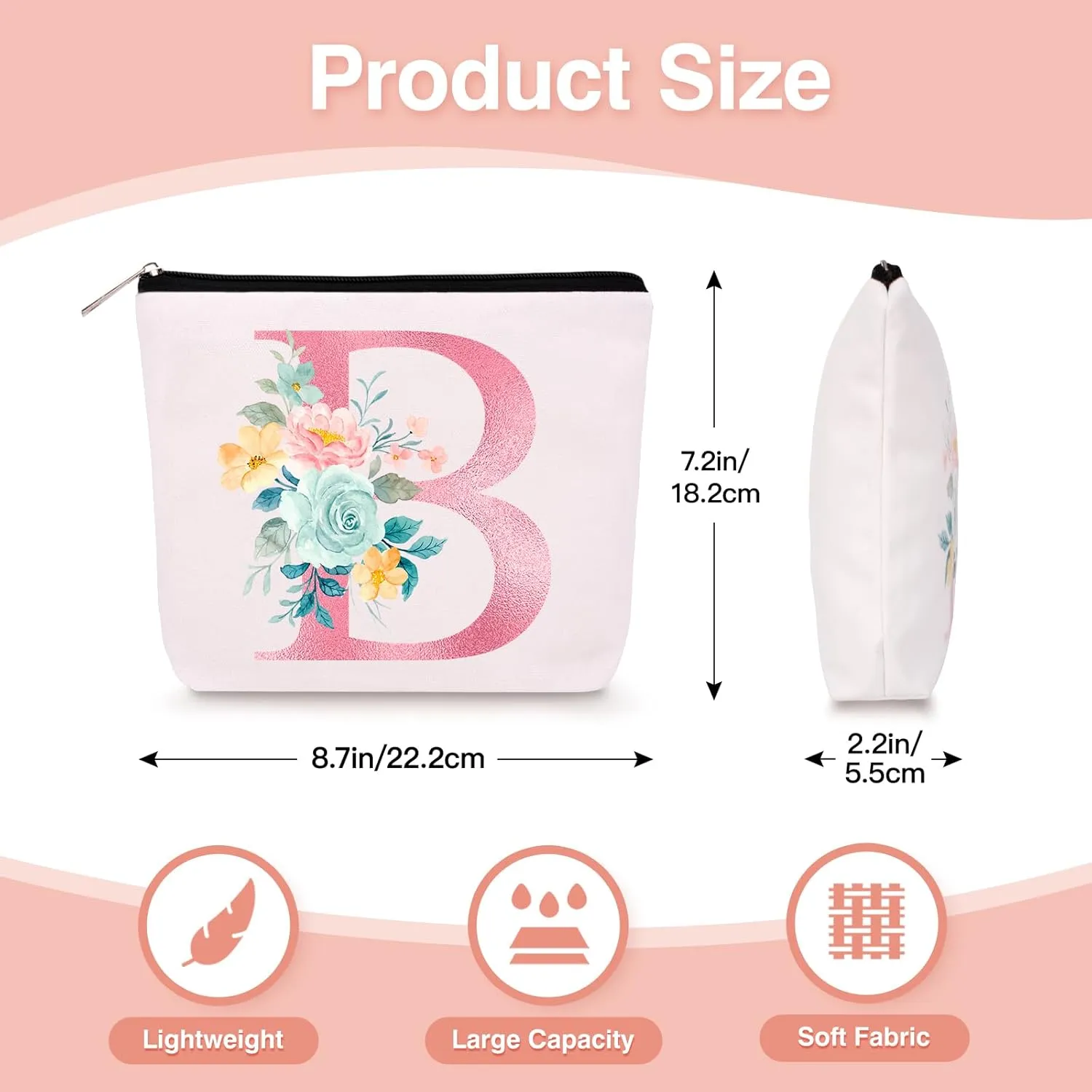 Personalized Makeup Bag with Initial Keychain, Custom Initial Monogram Small Travel Cosmetic Toiletry Bag, Birthday Gifts for Women Bridesmaid Teacher (B)